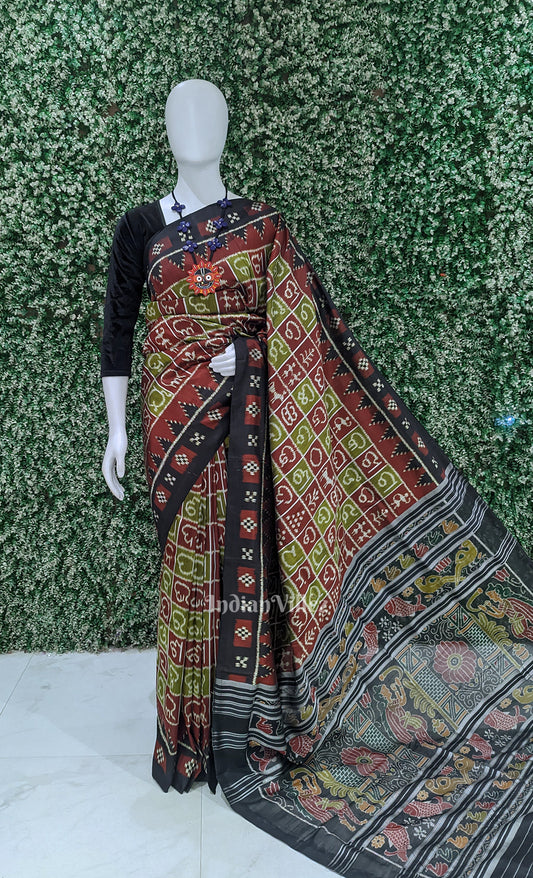 Maroon Black Odia Barnamala  Odisha Ikat Contemporary Designer Silk Saree