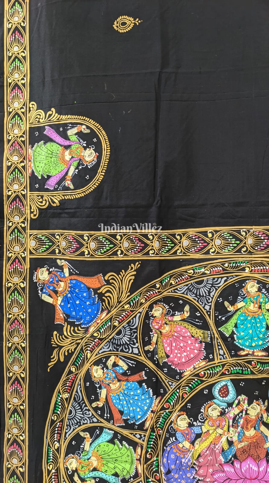 Black Chandua Theme Pattachitra Art Silk Saree