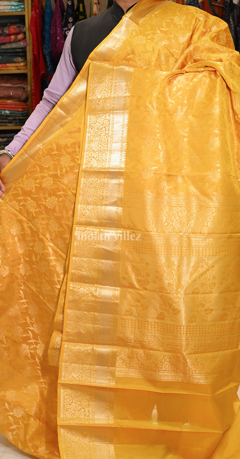 Yellow Golden Floral Motif Brocade Pure Kanjivaram Silk Saree
