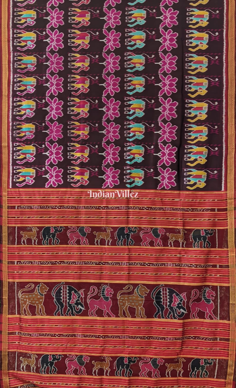 Wine Color Elephant Lotus Khandua Silk Saree