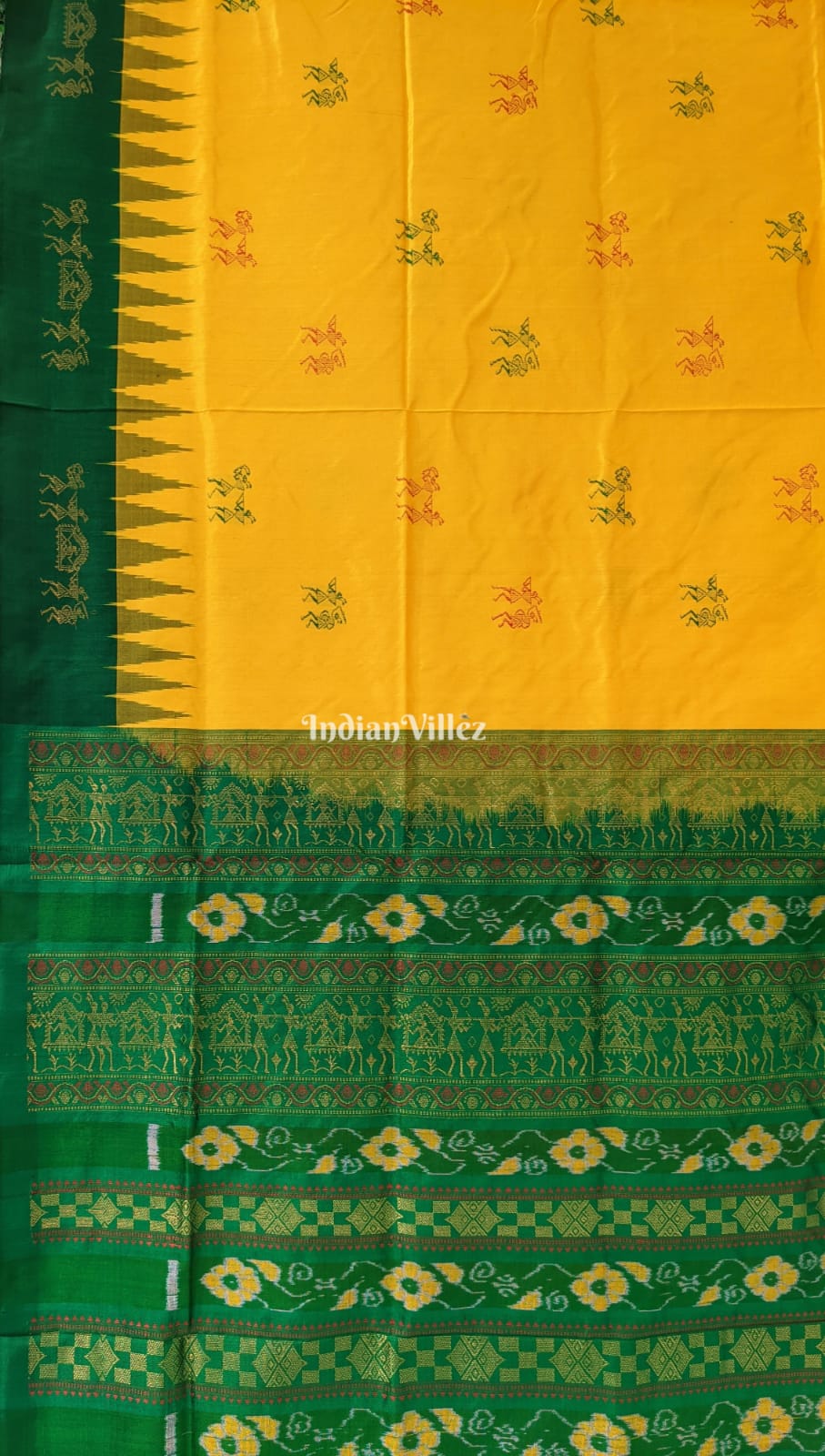 Yellow Green Bomkai Sambalpuri Ikat Silk Saree with Tissue Work