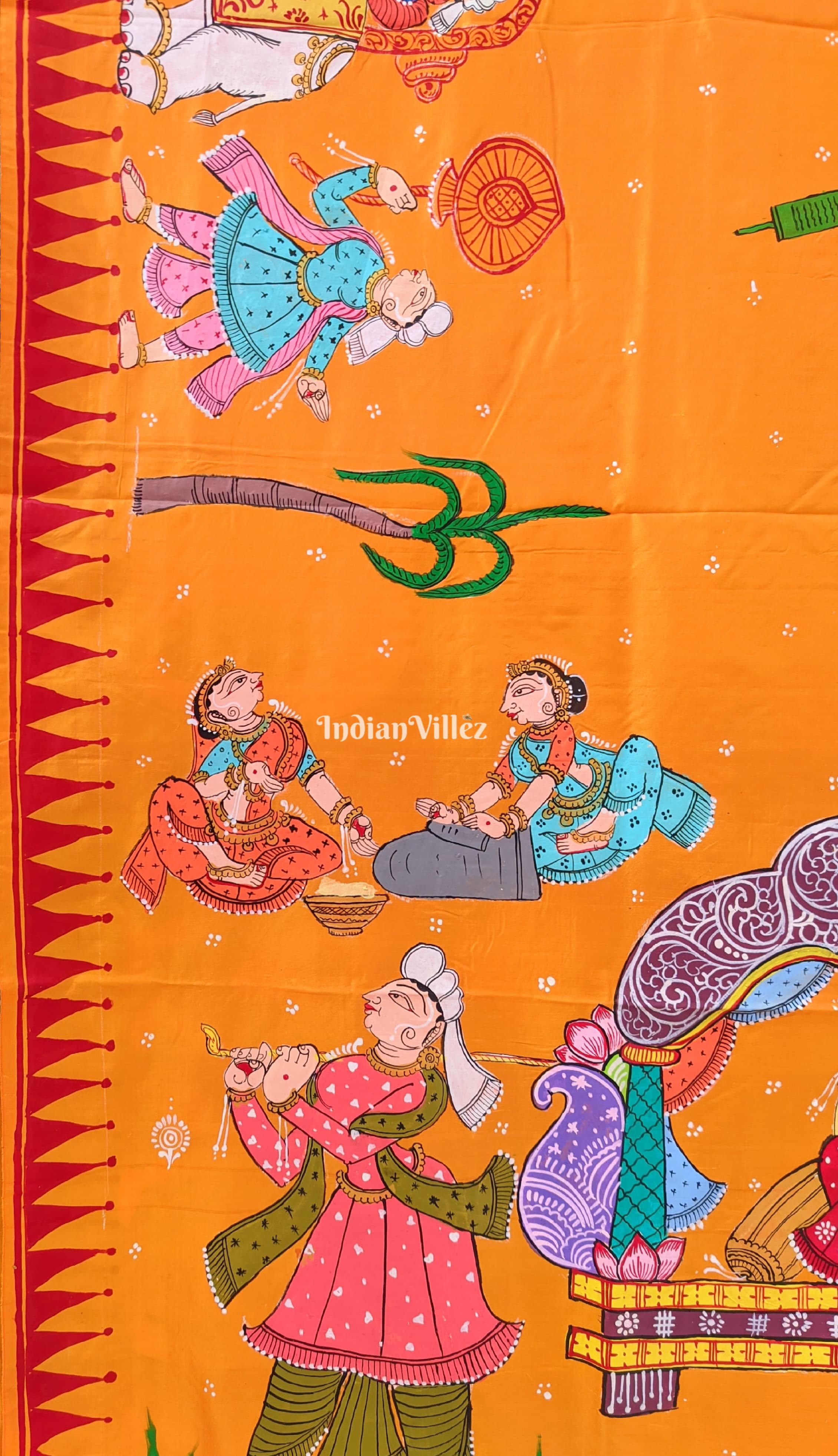 Orange Color Doli Barat Theme Pattachitra Art Silk Saree