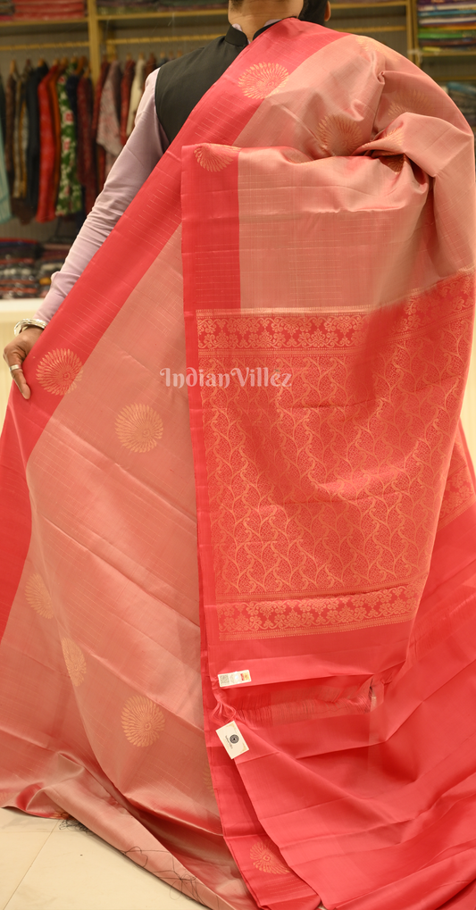 Peach Red Pure Kanjivaram Soft Silk Saree 
