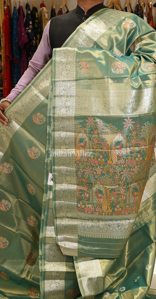 Mehendi Green Dual  Tone Floral Pure Kanjivaram Tissue Silk Saree 