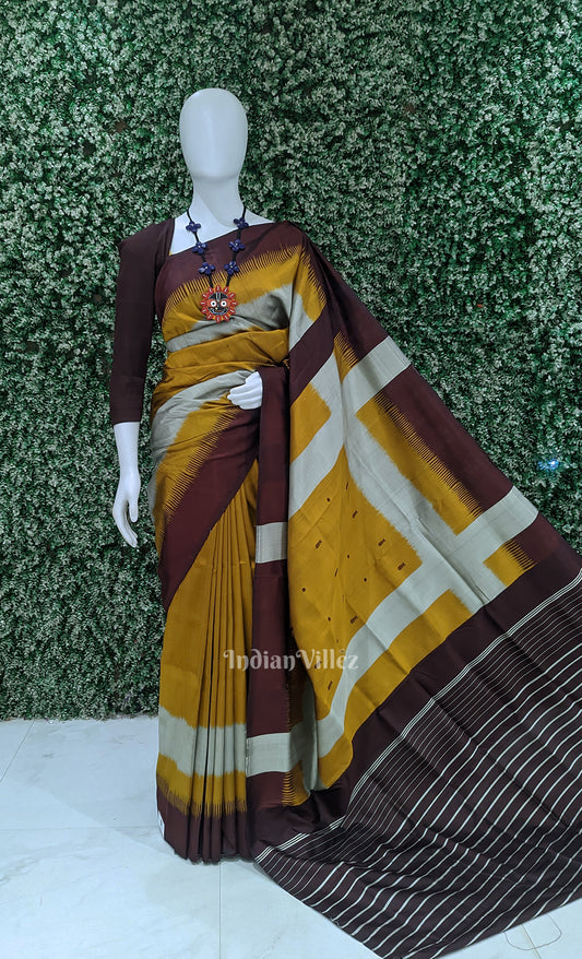 Mustard Yellow Coffee Odisha Ikat Contemporary Designer Silk Saree