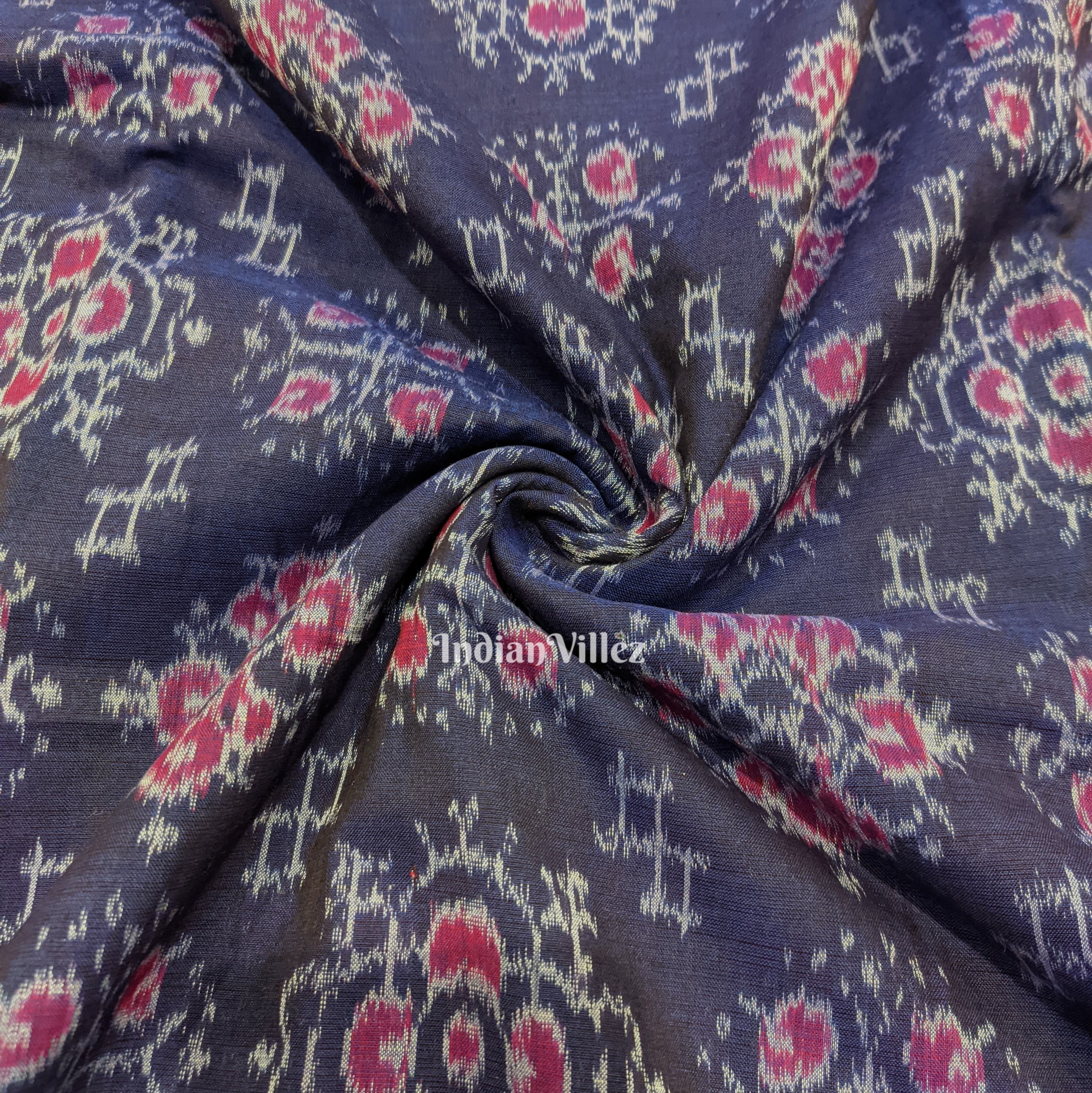 Aubergine Blue Tribal Jhoti Design Sambalpuri Ikat Cotton Fabric