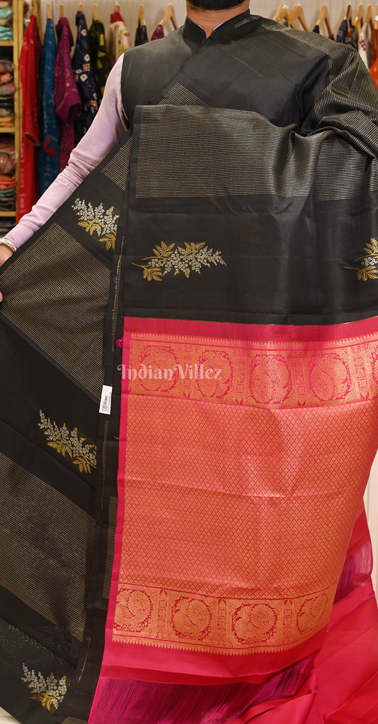 Exclusive Black Red Floral Brocade Pure Kanjivaram Silk Saree 
