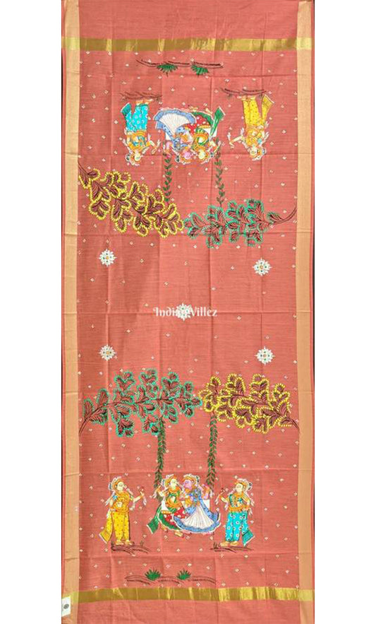 Coral Pink Rajo Theme Patachitra Chanderi Dupatta