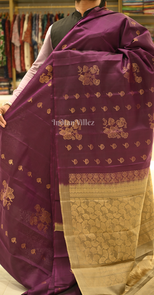 Purple Golden Floral Zari Pure Kanjivaram Soft Silk Saree