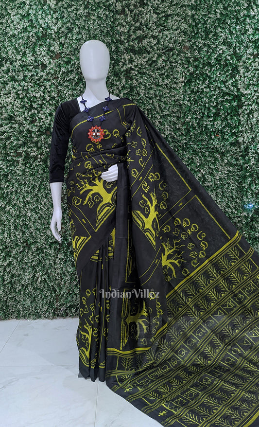 Black Neon Yellow Odia Barnamala  Odisha Ikat Contemporary Designer Silk Saree
