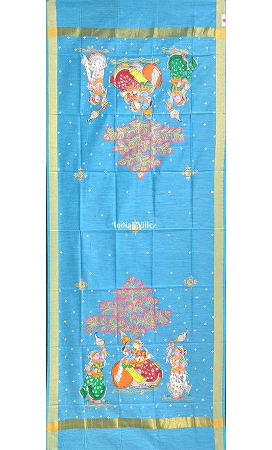 Sky Blue Radha Krishna Rasa Theme Patachitra Chanderi Dupatta
