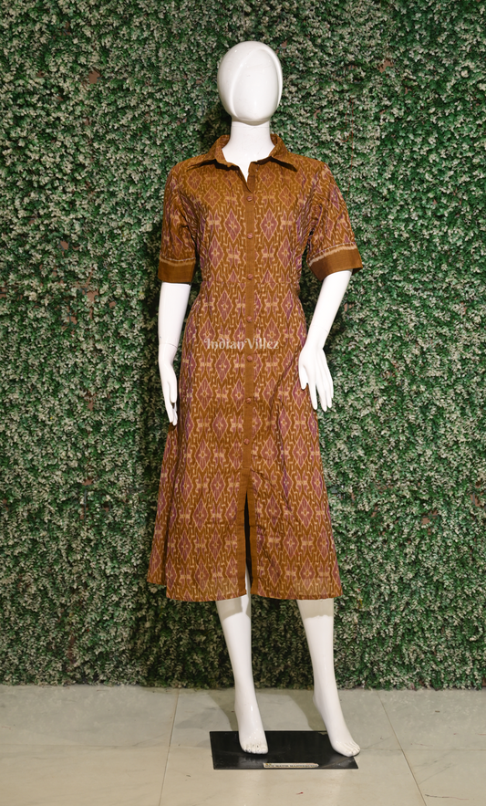 Mustard Yellow Diamond Design Odisha Ikat Designer Office Wear Dress