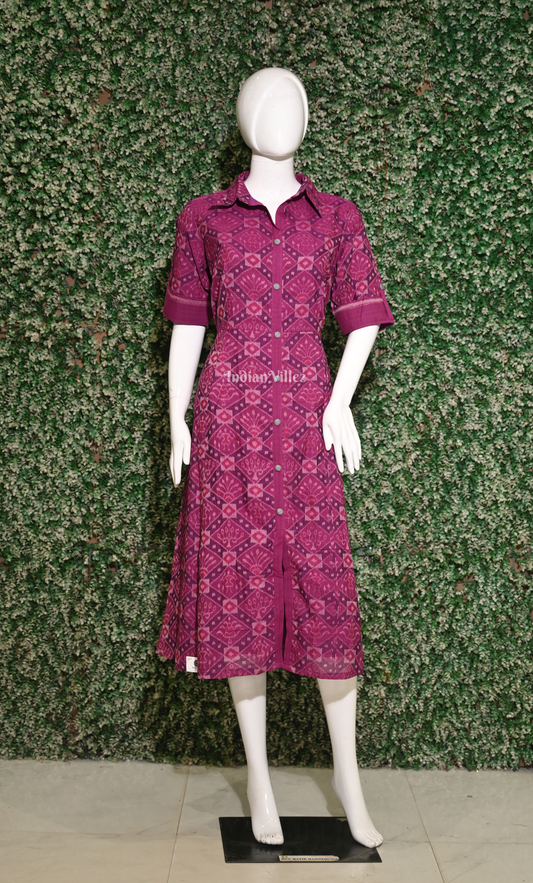  Magenta Pink Flower Motif Odisha Ikat Designer Office Wear Dress 