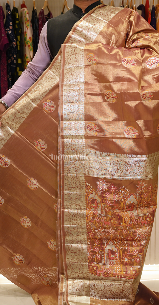 Copper Brown Golden Pure Kanjivaram Tissue Silk Saree 