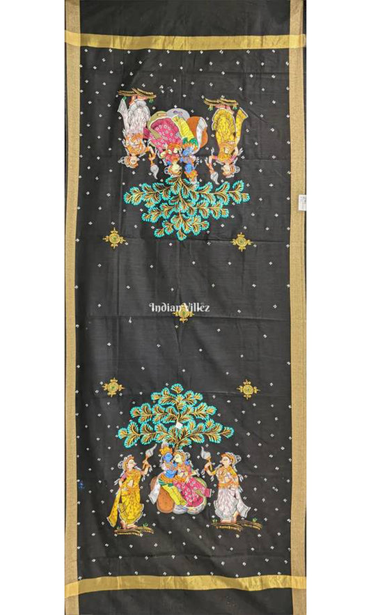 Black Radha Krishna Rasa Theme Patachitra Chanderi Dupatta