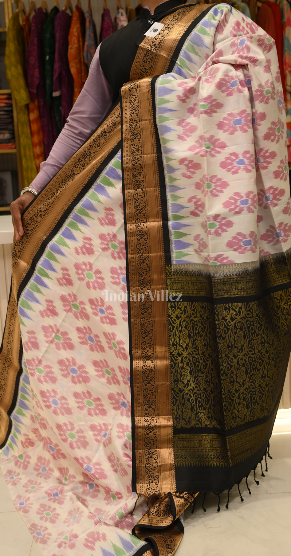 Off White with Multicolor Pochampally Ikat Silk Saree