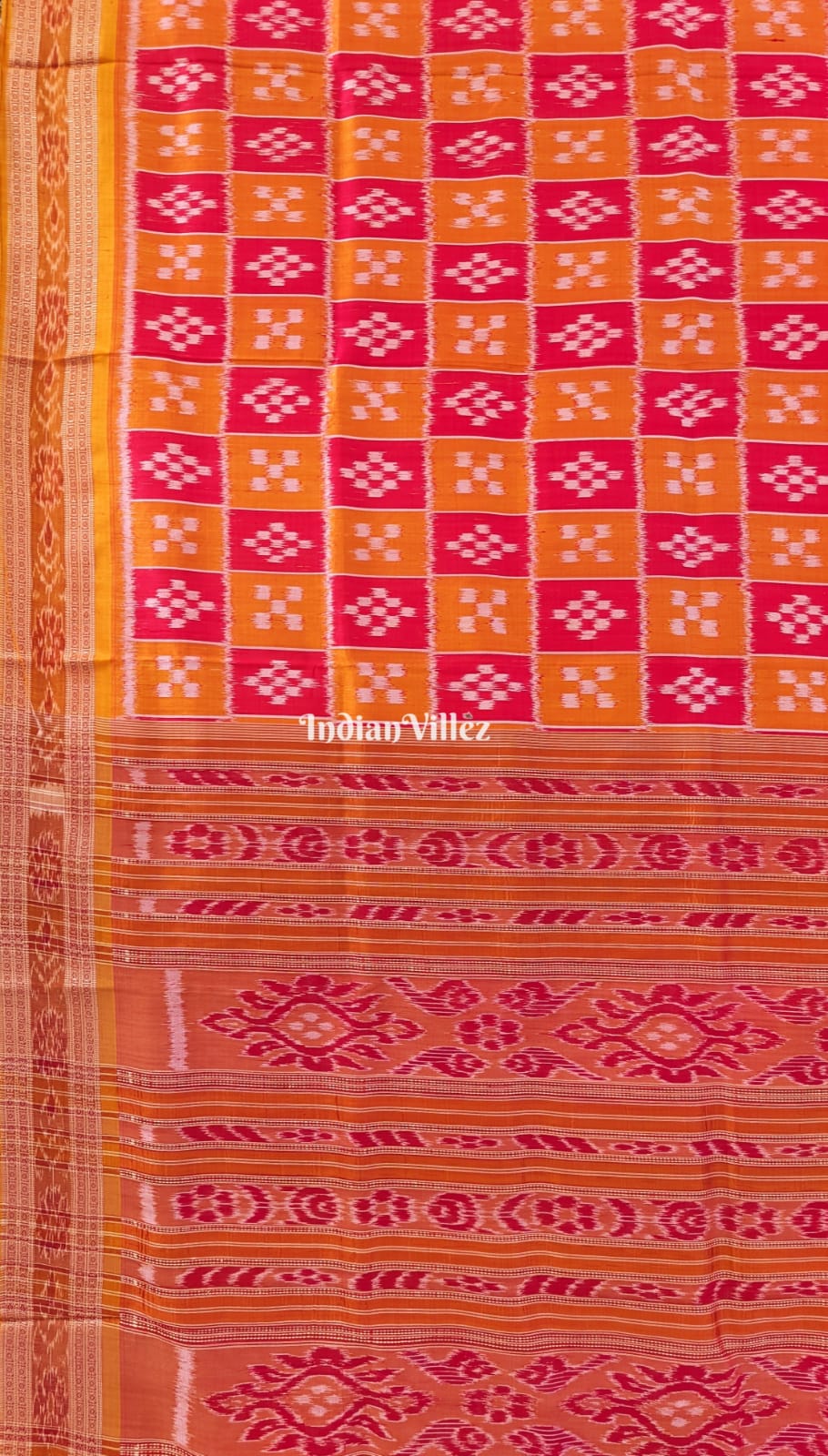 Orange Red Body Pasapali Odisha Ikat Khandua Silk Saree