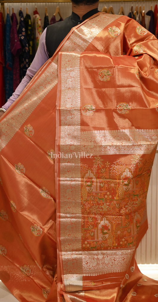 Peach Orange Pure Kanjivaram Tissue Silk Saree