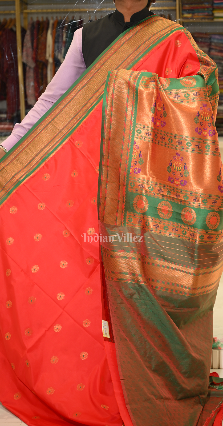 Red Green Woven Zari Paithani Silk Saree