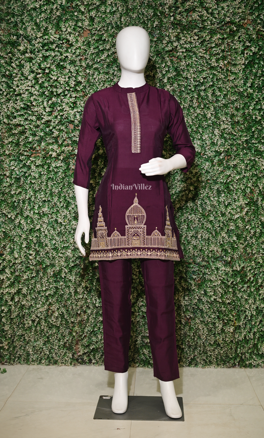 Designer Purple Embroidery Kurta & Pant Set-(Co-Ords Set) 