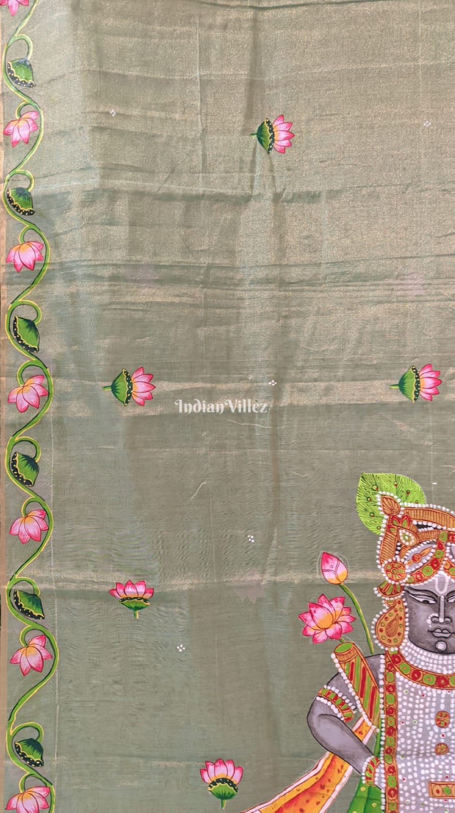 Pista Green Dual Tone Shrinathji Pichwai Art on Kerala Tissue Saree