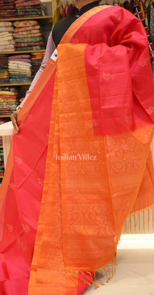 Red Orange Golden Zari Pure Kanjivaram Soft Silk Saree