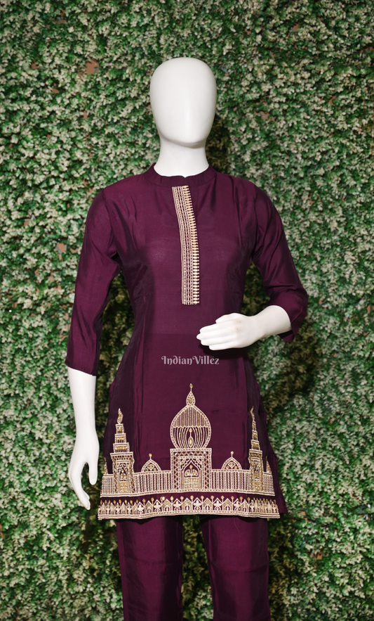 Designer Purple Embroidery Kurta & Pant Set-(Co-Ords Set) 