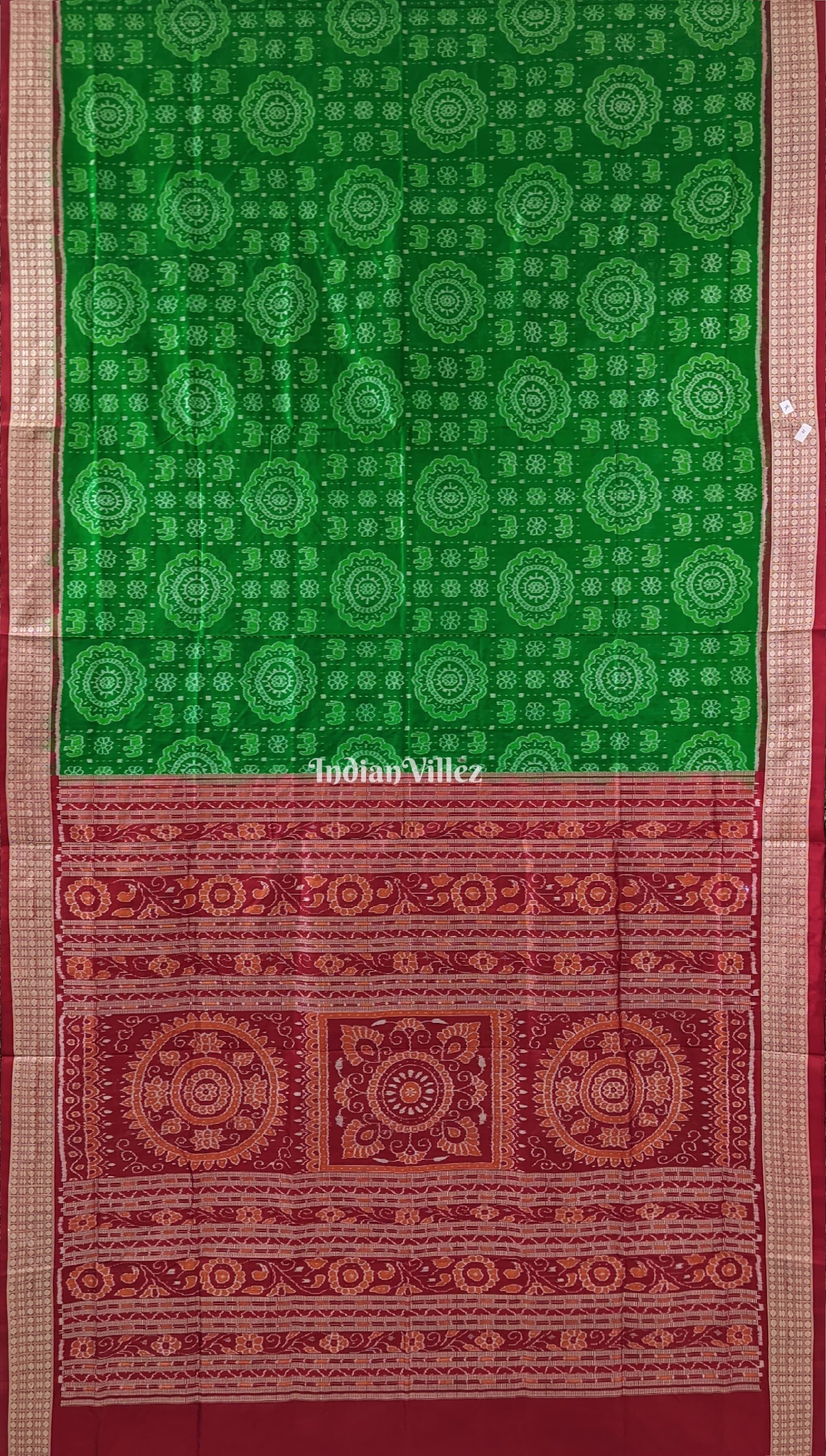 Green Red Elephant & Flower motif  Sambalpuri Ikat Silk Saree