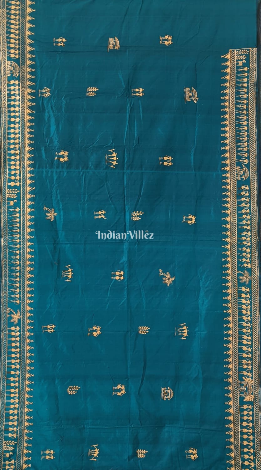 Peacock Blue Tribal Theme Pattachitra Silk Saree