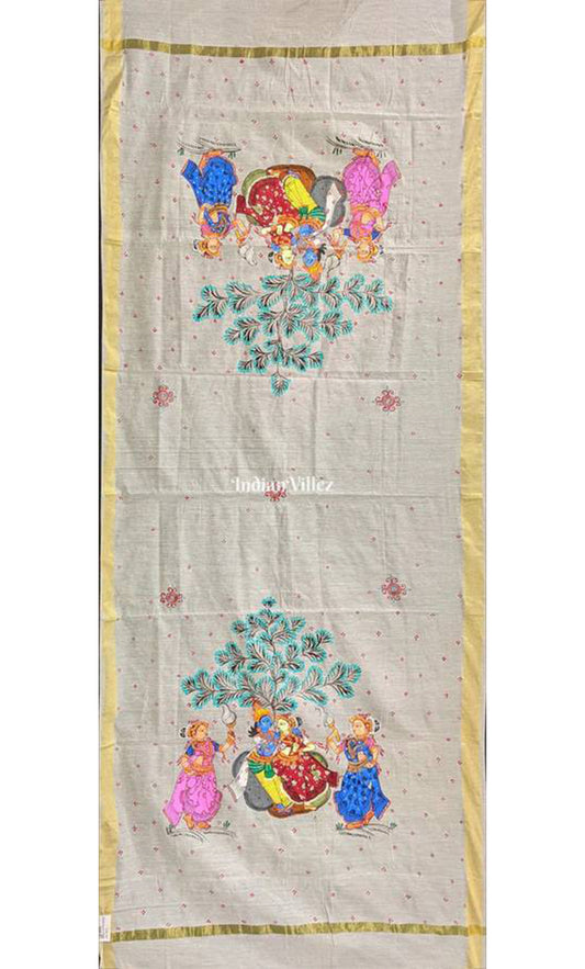White Radha Krishna Rasa Theme Patachitra Chanderi Dupatta