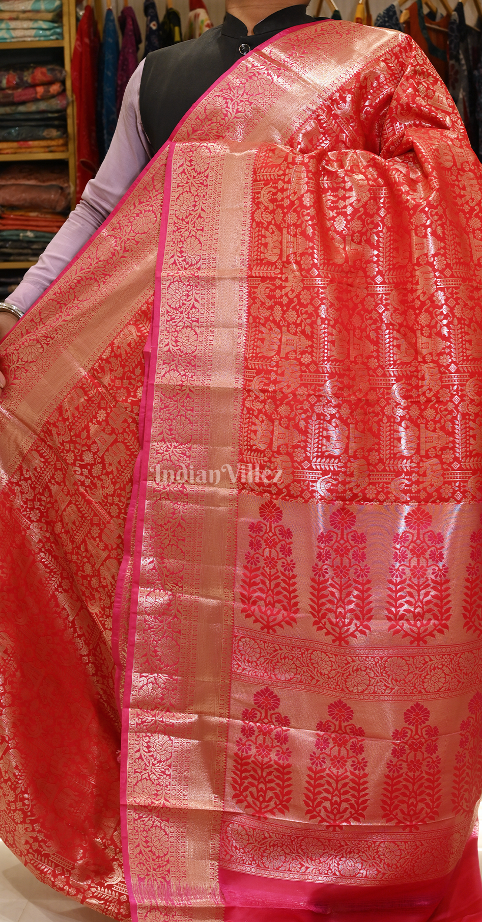 Exclusive Red  Elephant & Temple Motif Floral Pure Brocade Kanjivaram Silk Saree 