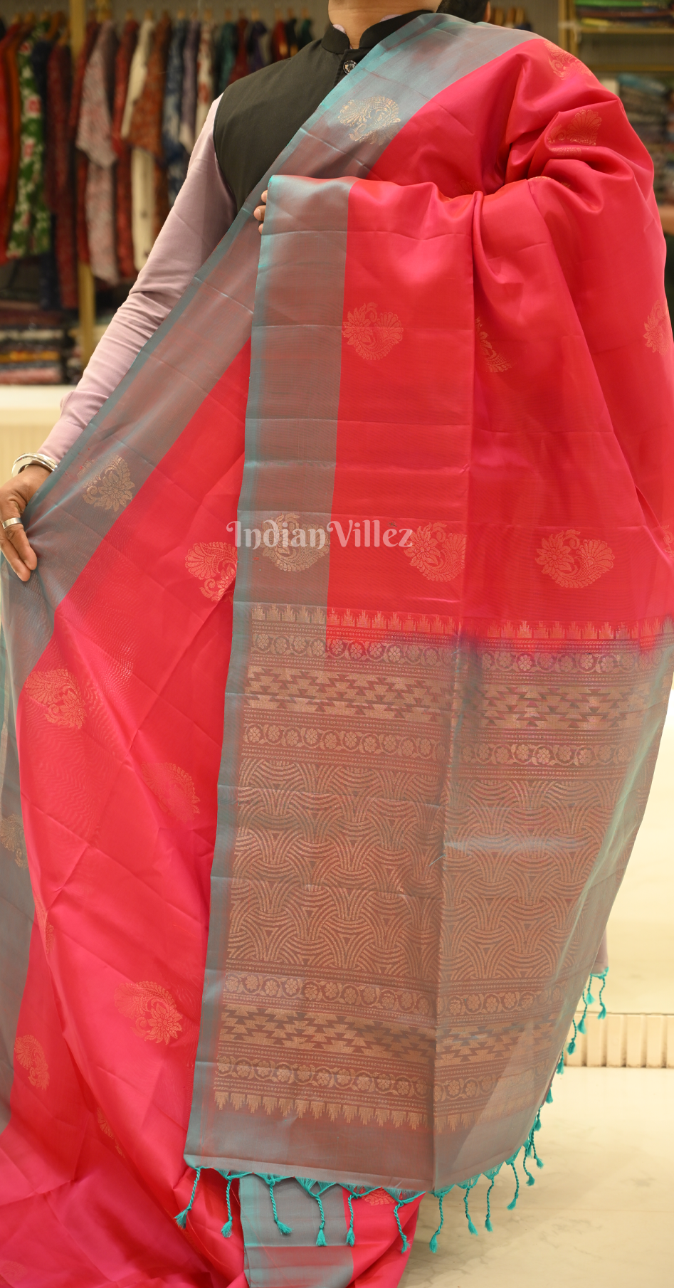 Red Teal Blue Zari Pure Kanjivaram Soft Silk Saree
