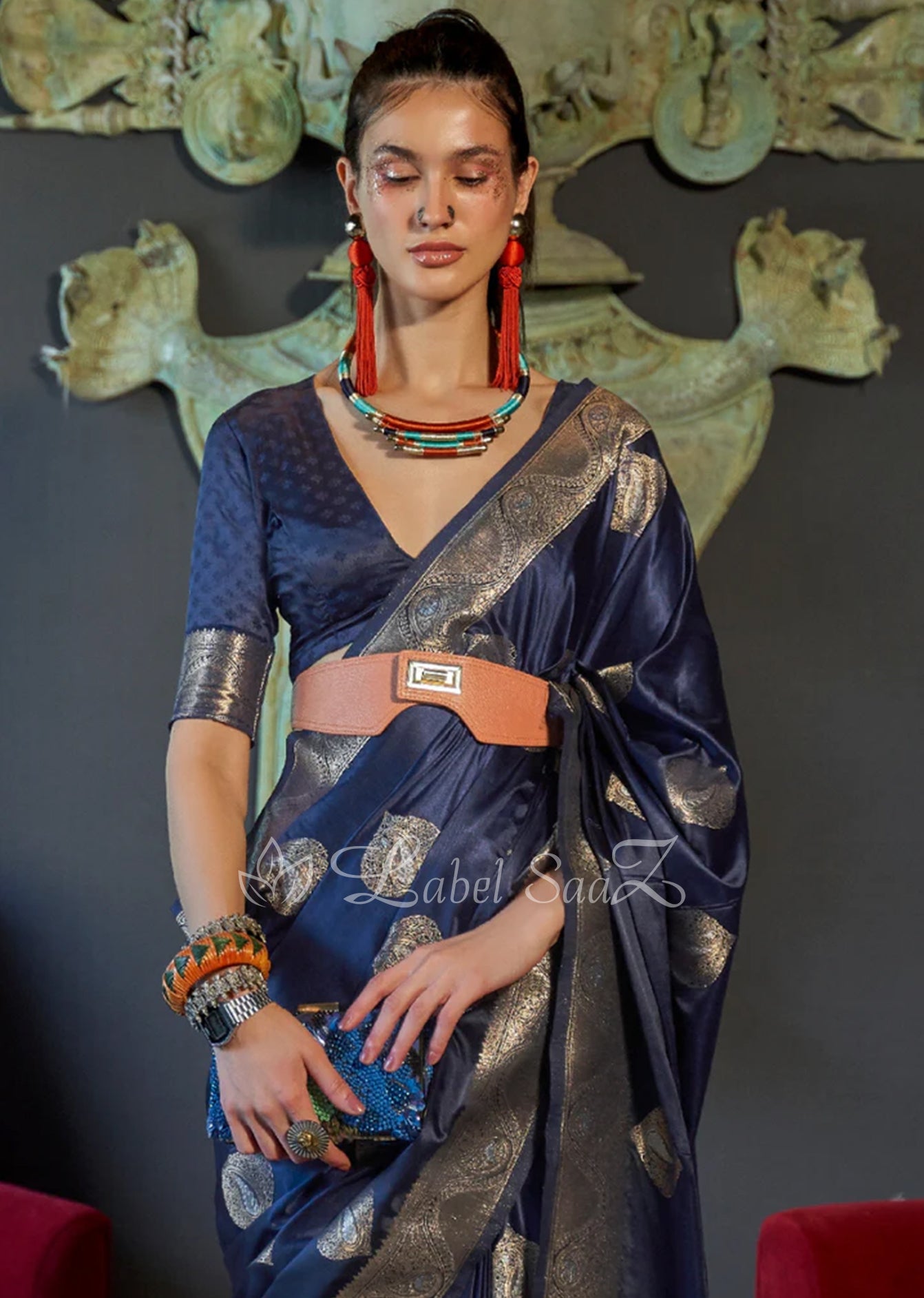 Navy Blue Nylon Pure Handwoven Satin Silk Banarasi Saree