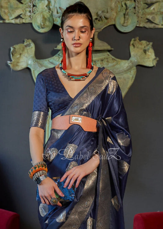 Navy Blue Nylon Pure Handwoven Satin Silk Banarasi Saree