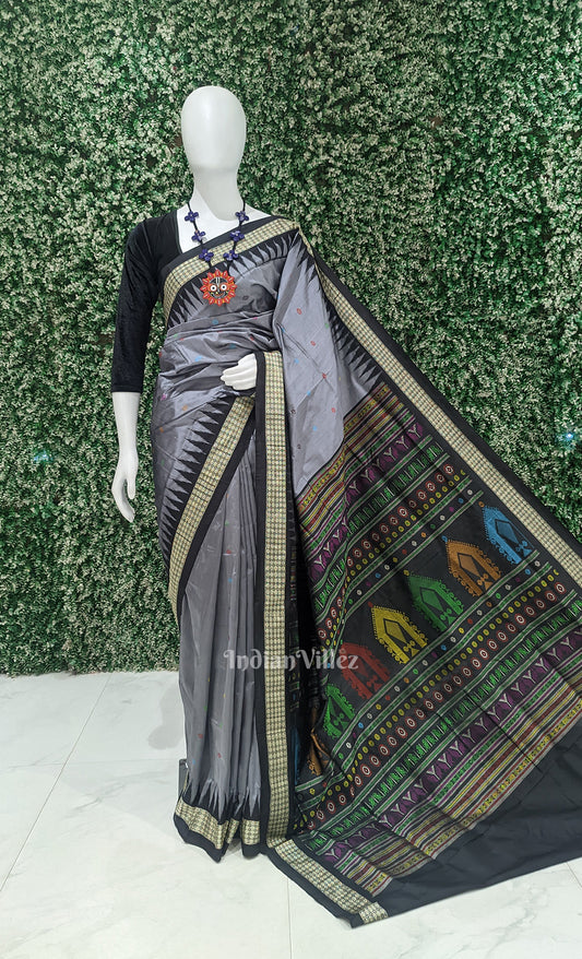 Grey Black Dolabedi Bomkai Sambalpuri Ikat Silk Saree