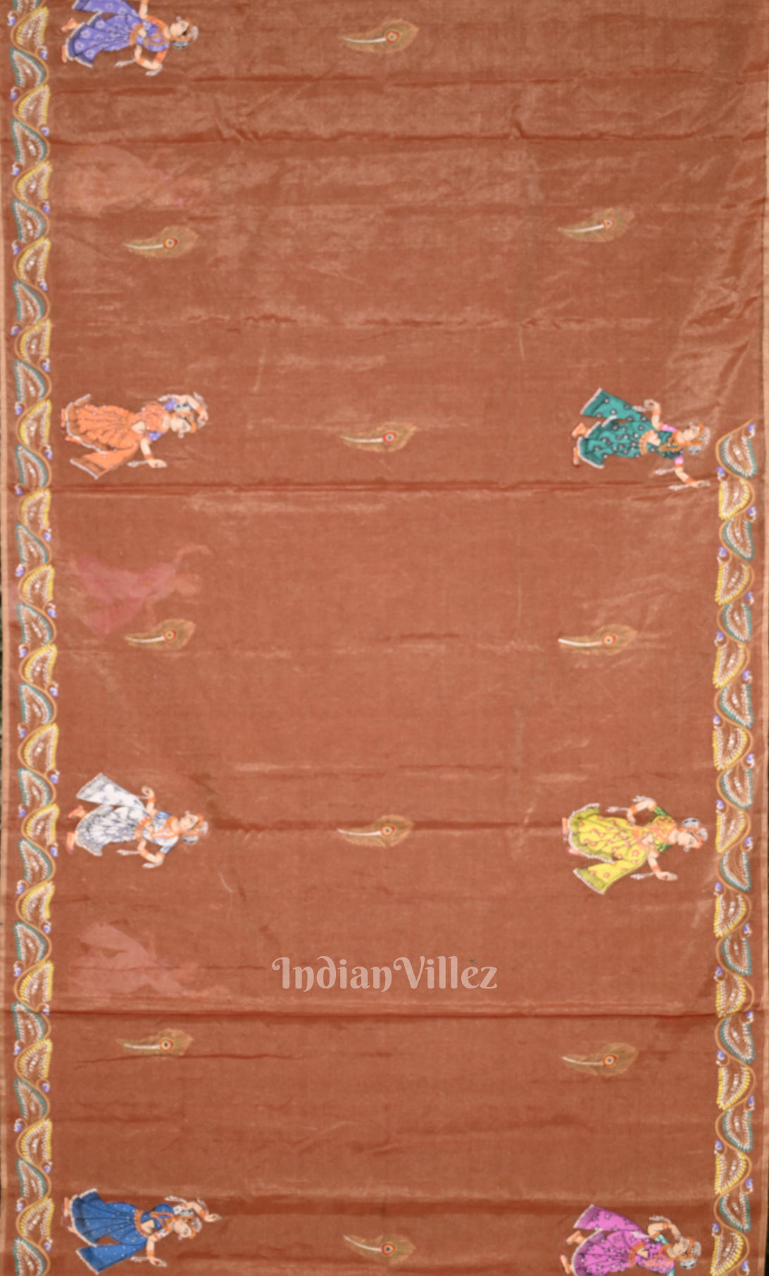Cadmium Orange Krishna Rasa Leela Hand-Painted Pattachitra Saree