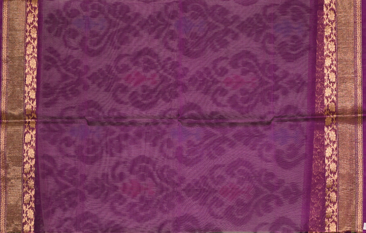 Off White Purple Pochampally Ikat Silk Cotton (Sico) Saree 