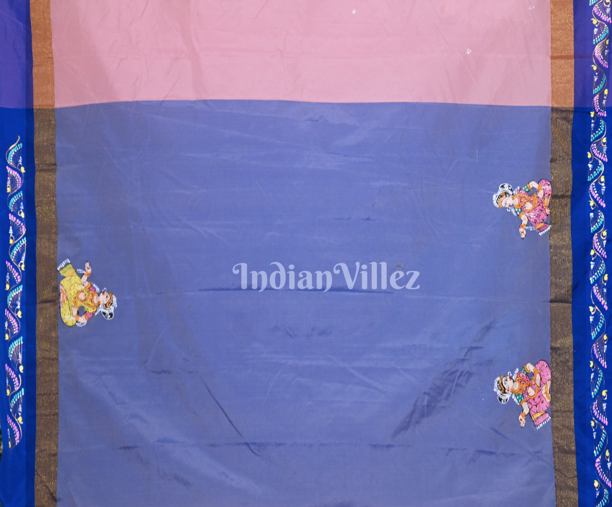 Peach Pink Blue Krishna Rasa Leela Hand-Painted Pattachitra Saree 