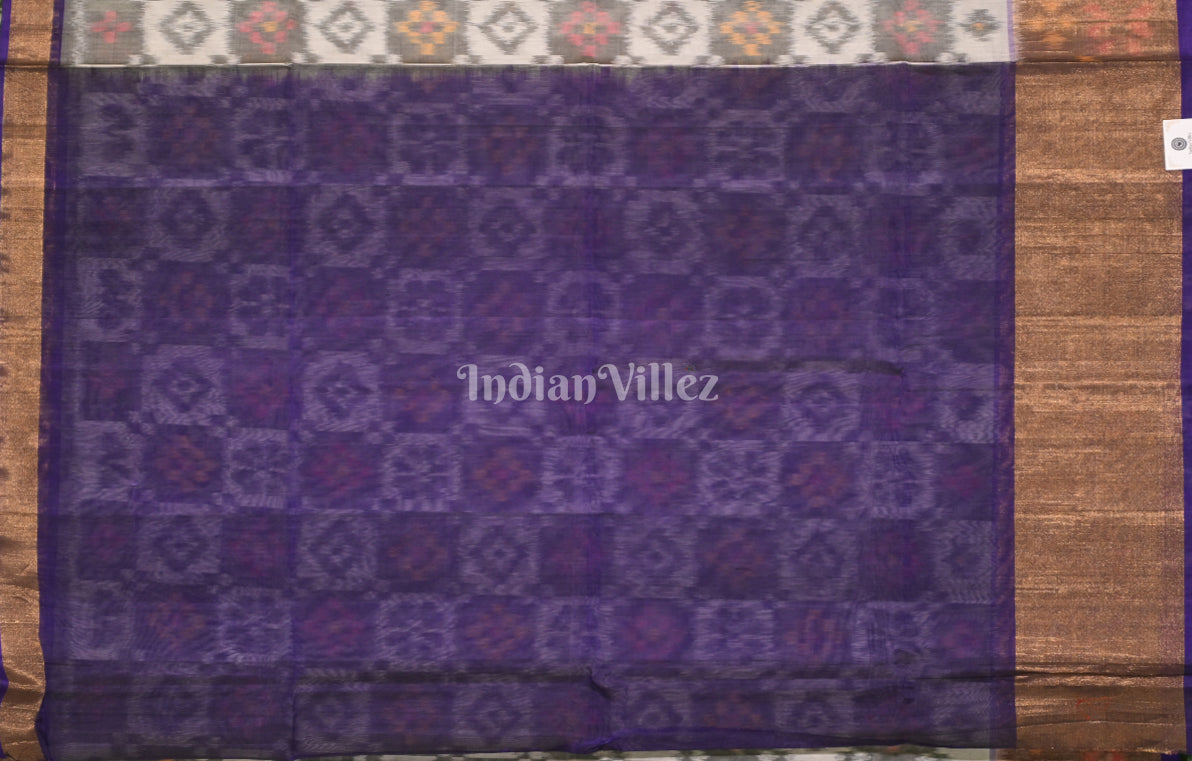 Off White Purple Pochampally Ikat (Sico) Saree 