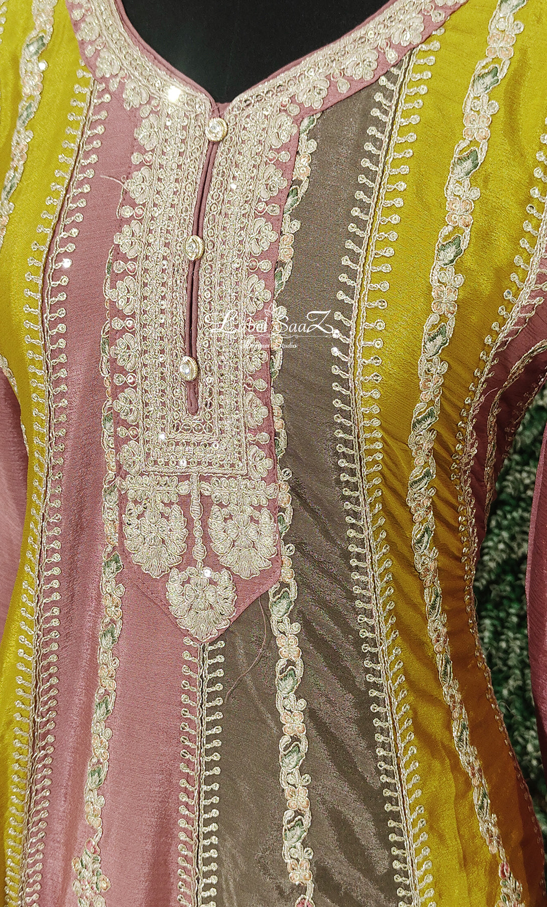 Beige Green Sequence Embroidered Kurta with Palazzo Set and Dupatta