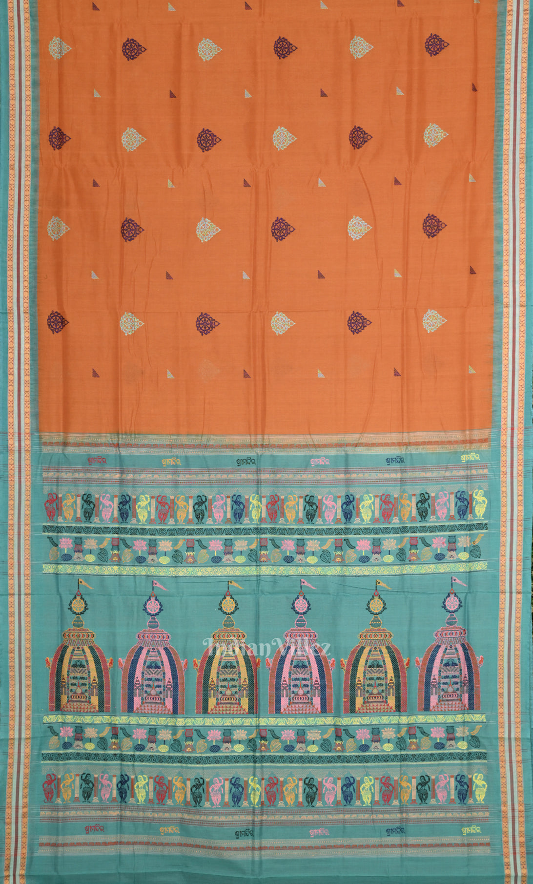 Brown with Light Blue Shree Mandir Bomkai Sambalpuri Ikat Cotton Saree