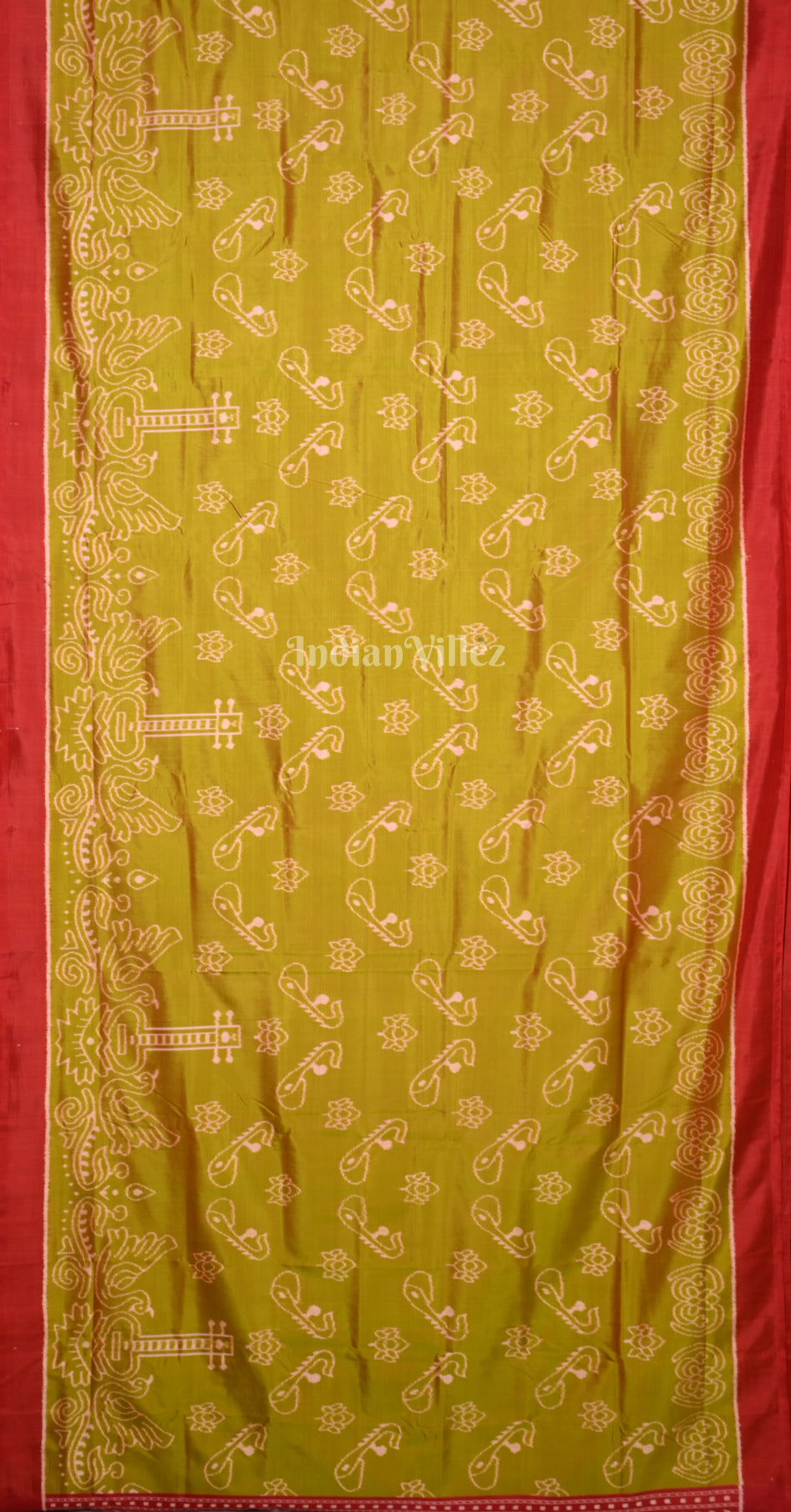 Olive Green Red Veena Motif Contemporary Designer Silk Saree
