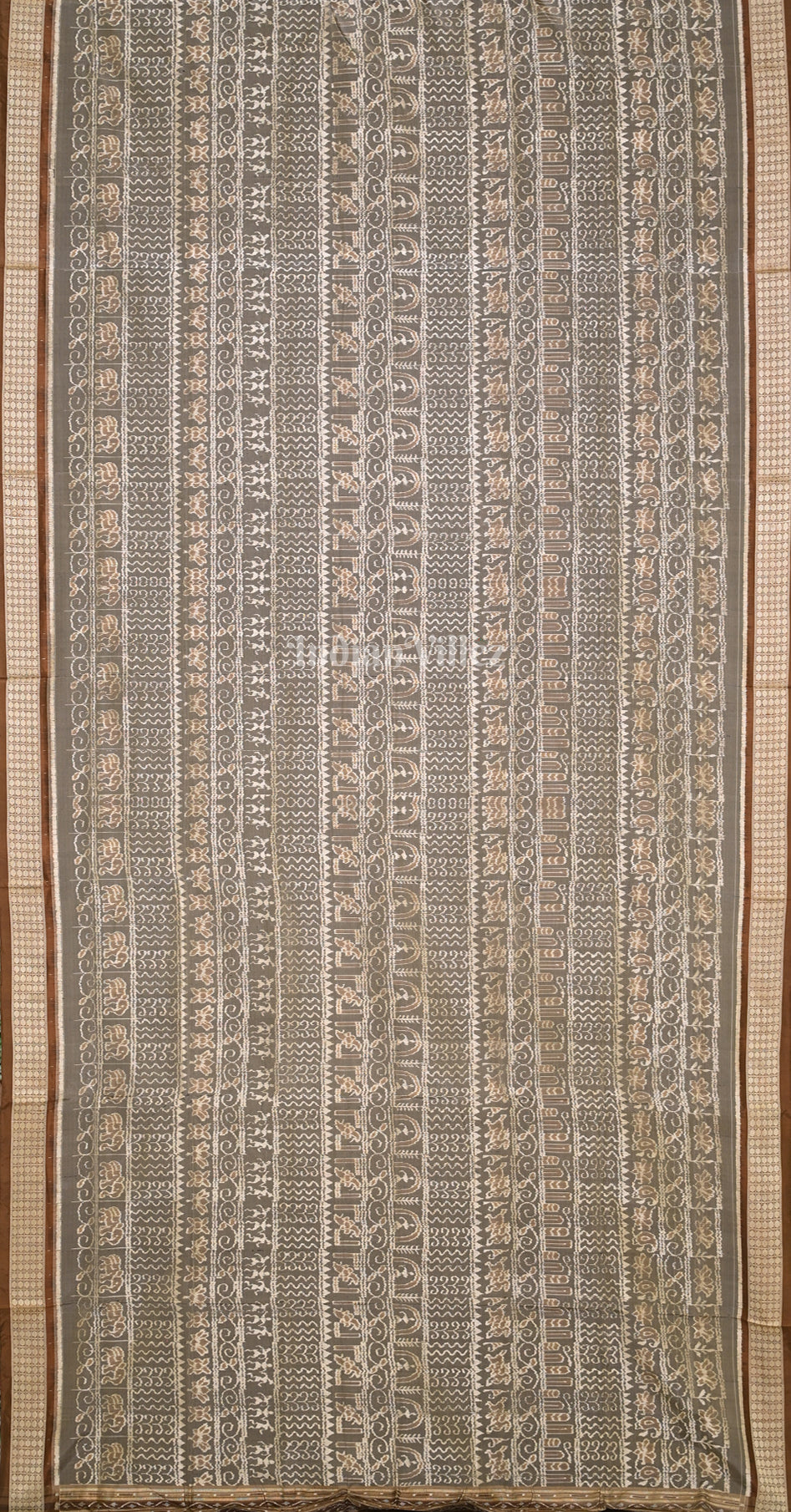 Grey Brown Tribal Lotus Motif Odisha Ikat Sambalpuri Silk Saree
