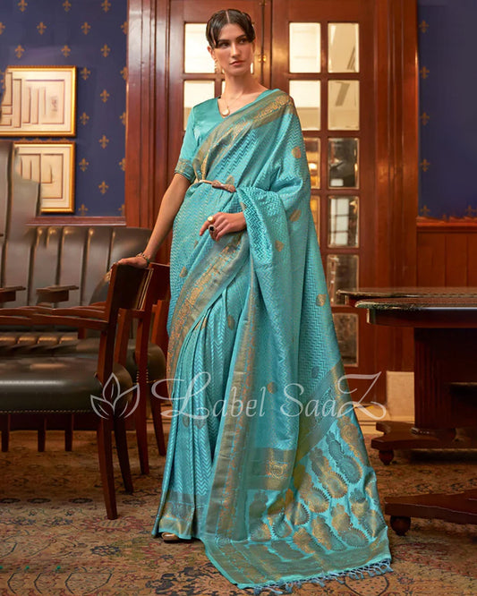 Rama Green Pure Satin Kanjivaram Silk Saree with Brocade Work