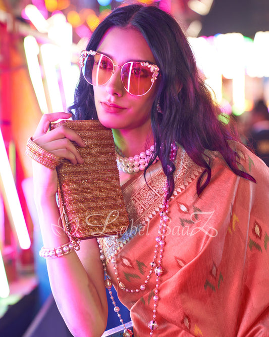 Peach Ikat Saree with Zari Border Tussar Silk