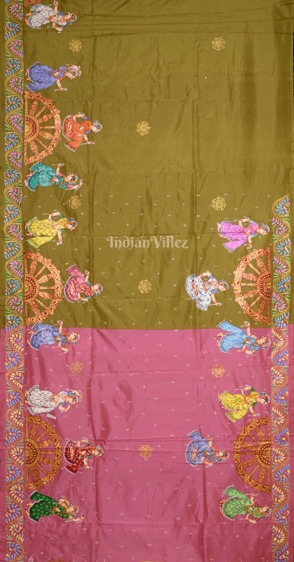 Pink Mehendi Green Nartaki Konark Temple Hand-Painted Pattachitra Saree