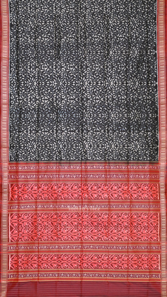 Black Red  Floral Theme Sambalpuri Silk Saree 