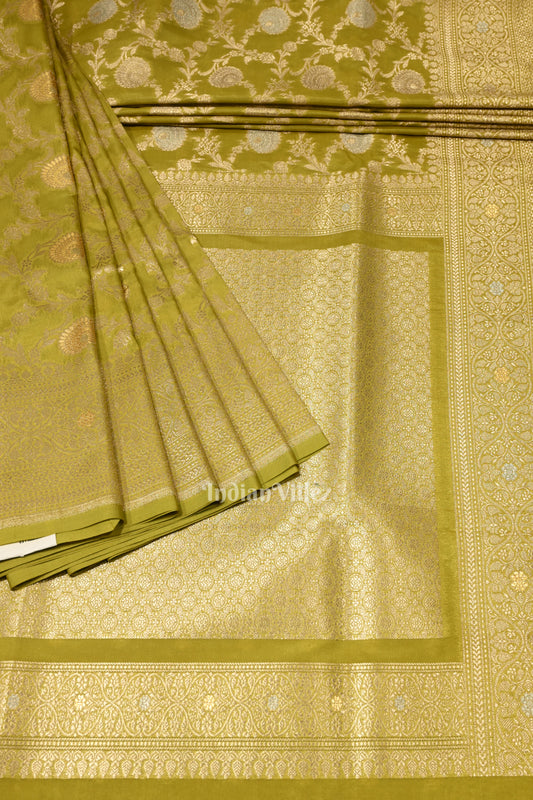 Mehendi Green Meenakari Pure Mashru Satin Silk Banarasi Saree 