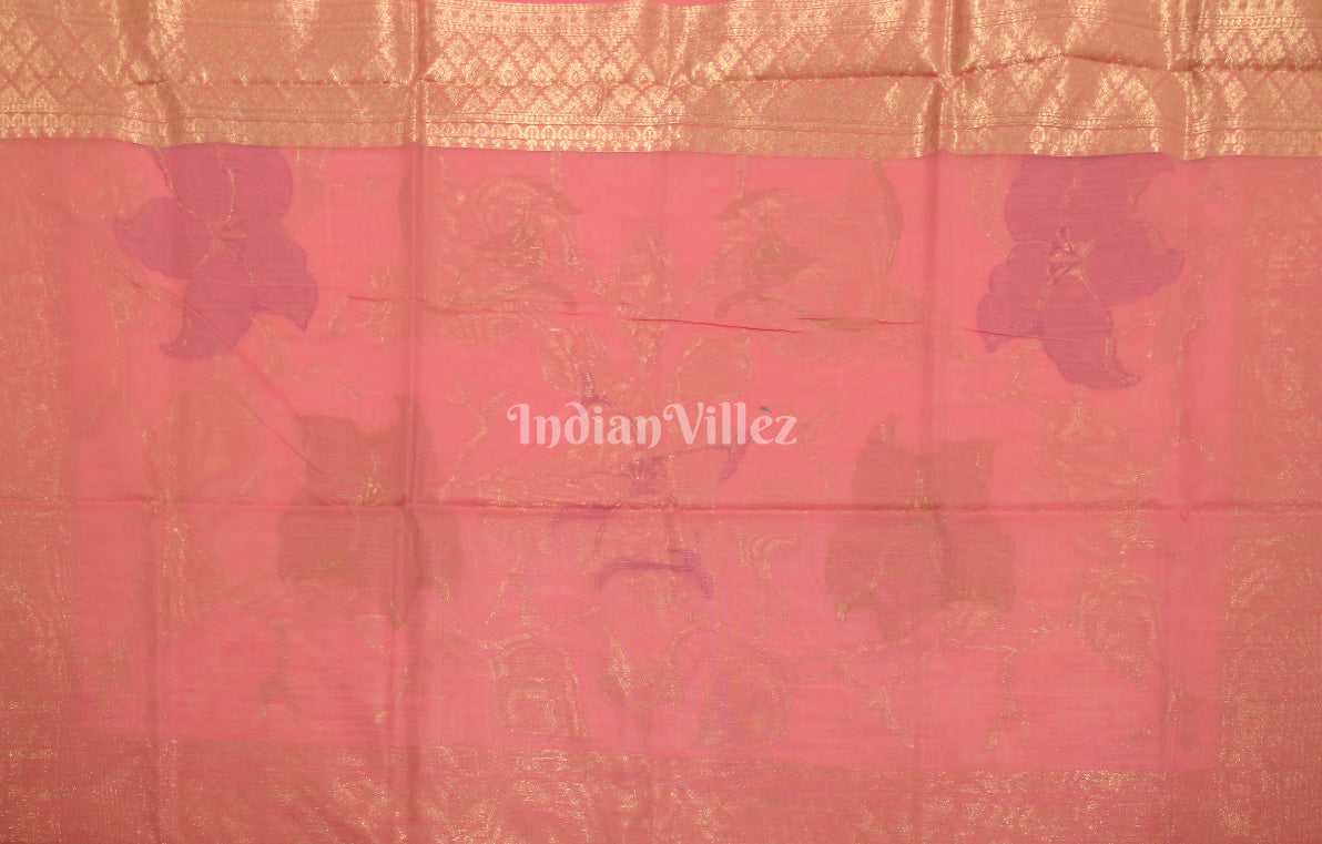 Peach Pink Floral Linen Saree