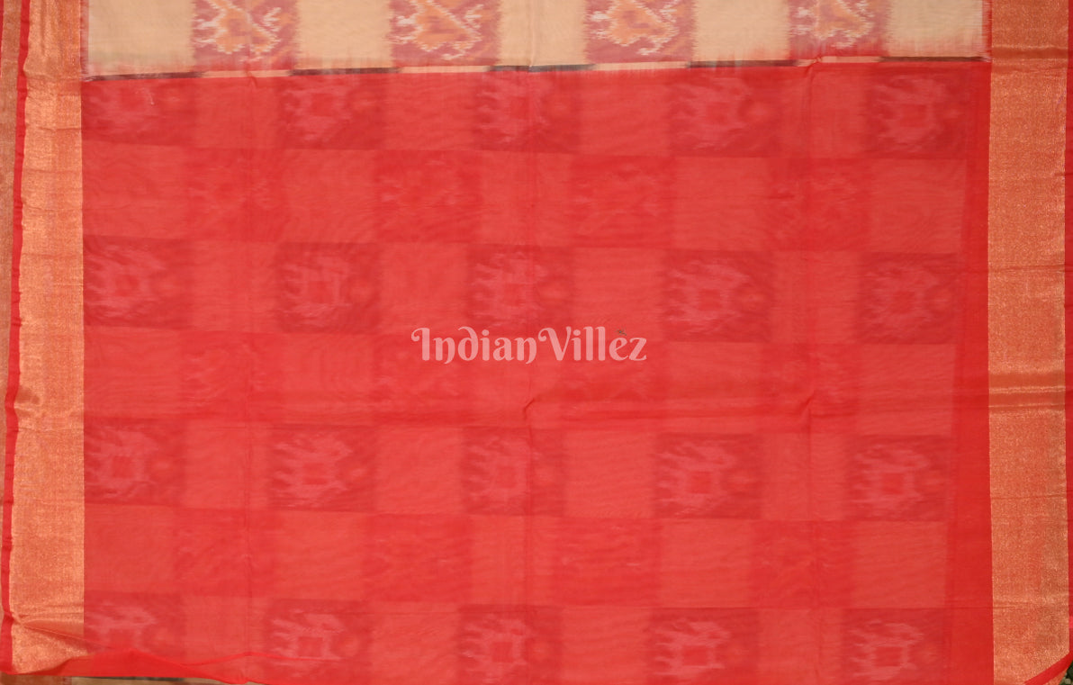 Beige Red Pochampally Ikat (Sico) Saree 